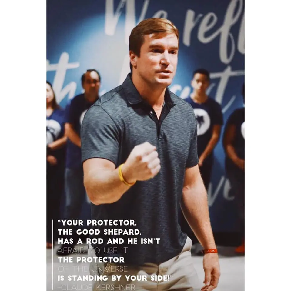 Man in a gray polo speaking passionately with fist raised, overlaid with a Claude Kershner quote.