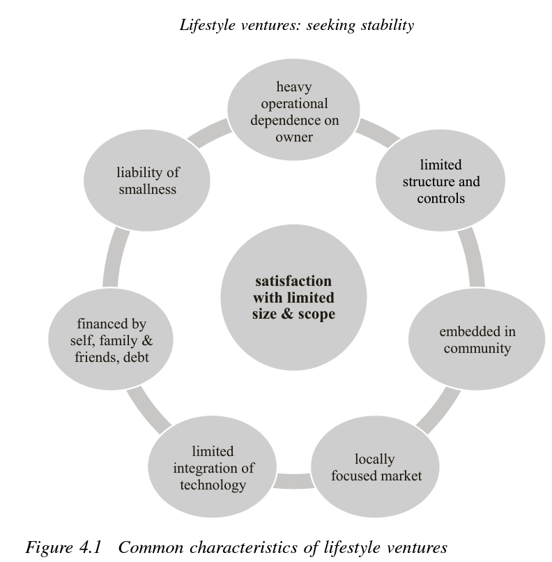 Circular diagram of lifestyle venture traits centered on satisfaction with limited size and scope.