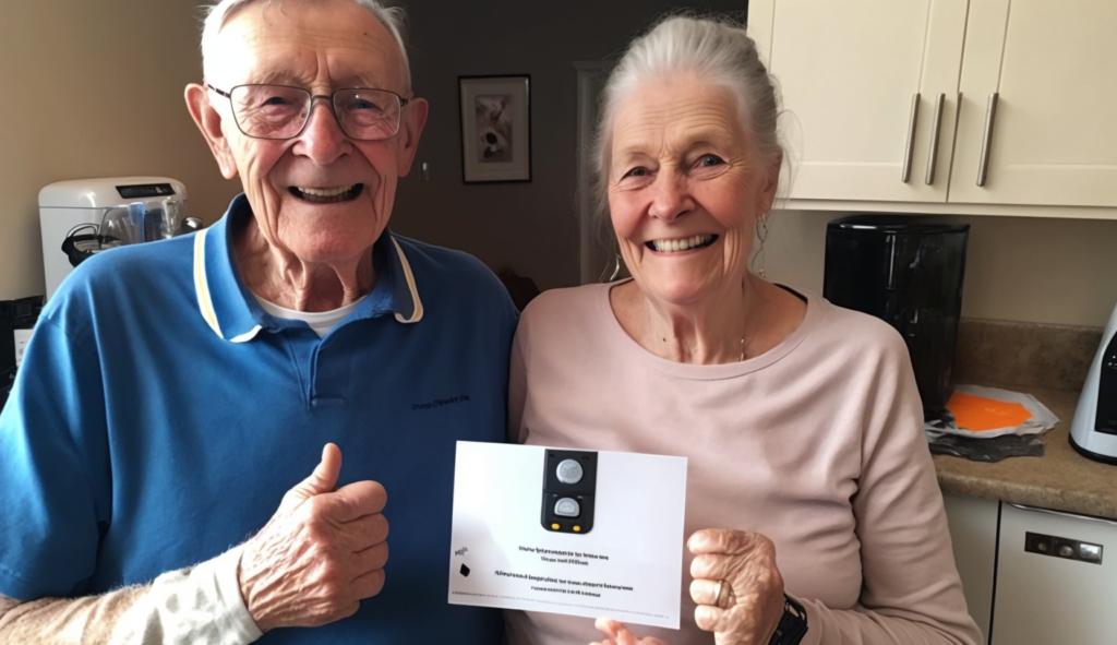 Elderly couple smiling in their kitchen holding a product instruction sheet with a thumbs-up.