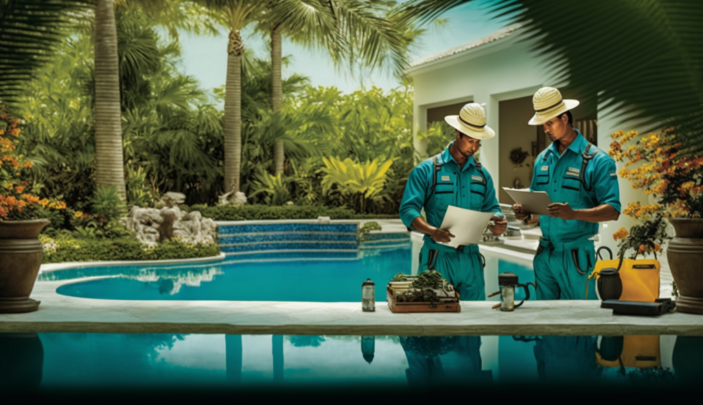 Two pool technicians in teal uniforms review paperwork beside a tropical backyard pool.