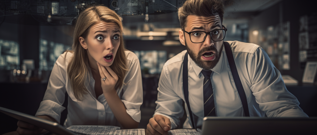 Shocked man and woman in office attire stare wide-eyed at a laptop screen.