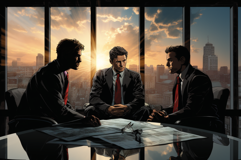 Comic illustration of three suited men in tense conversation at a boardroom table at sunset.
