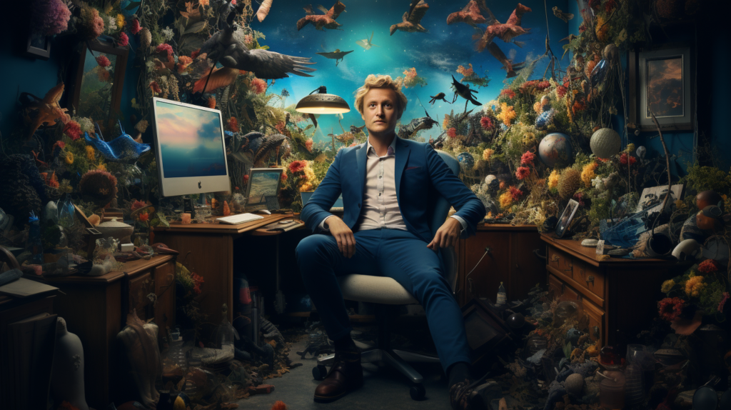 Man in blue suit sits in a chaotic office overflowing with flowers, animals, and clutter.
