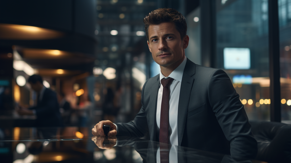 Confident businessman in a gray suit sits at a glass table in a modern office.