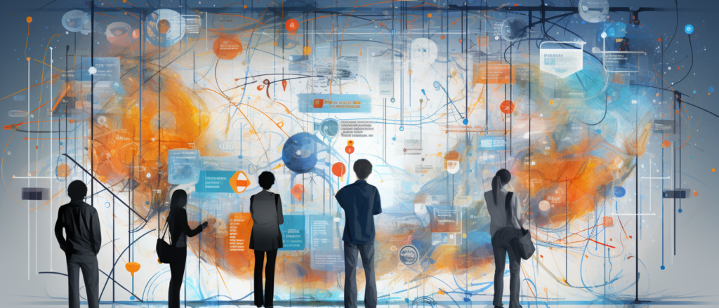 Silhouetted people viewing an abstract blue and orange data-network mural.