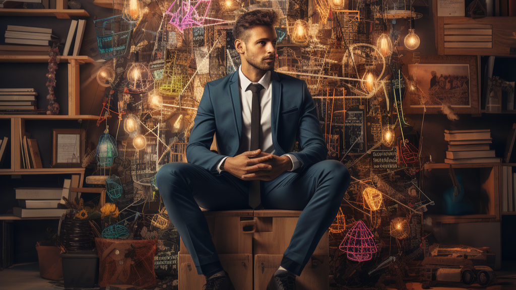 Illustration of an entrepreneurial manager seated before a wall of glowing lightbulbs and sketches.