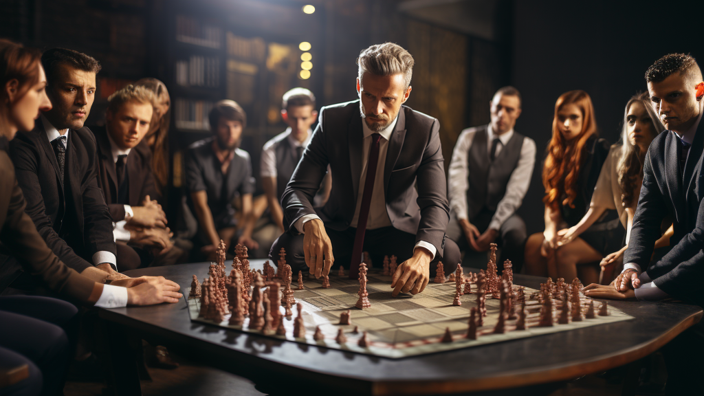 A focused businessman moves oversized chess pieces on a board as colleagues watch.