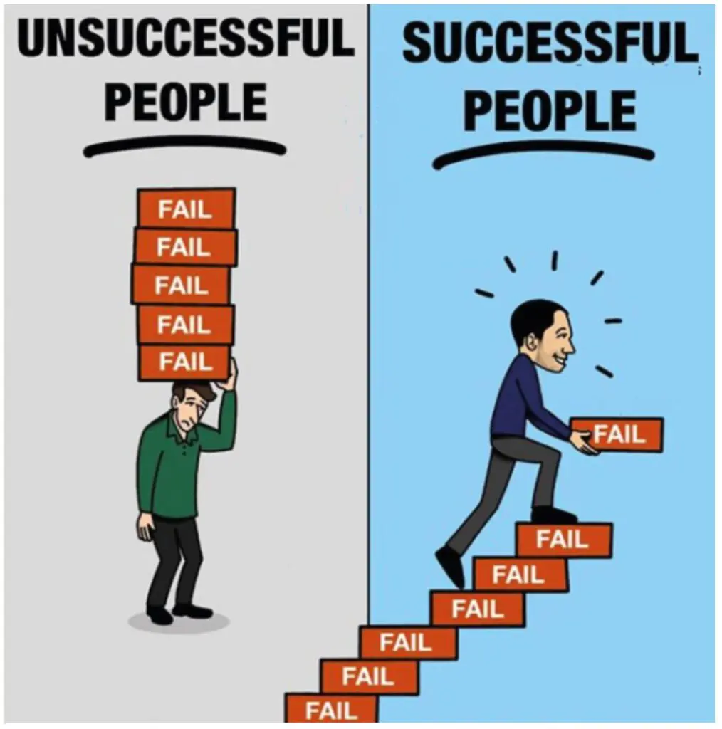Meme contrasting people crushed by failures versus successful people climbing failures like stairs.