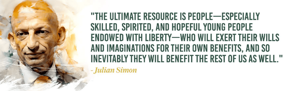 Watercolor portrait of Julian Simon beside his quote about people being the ultimate resource.