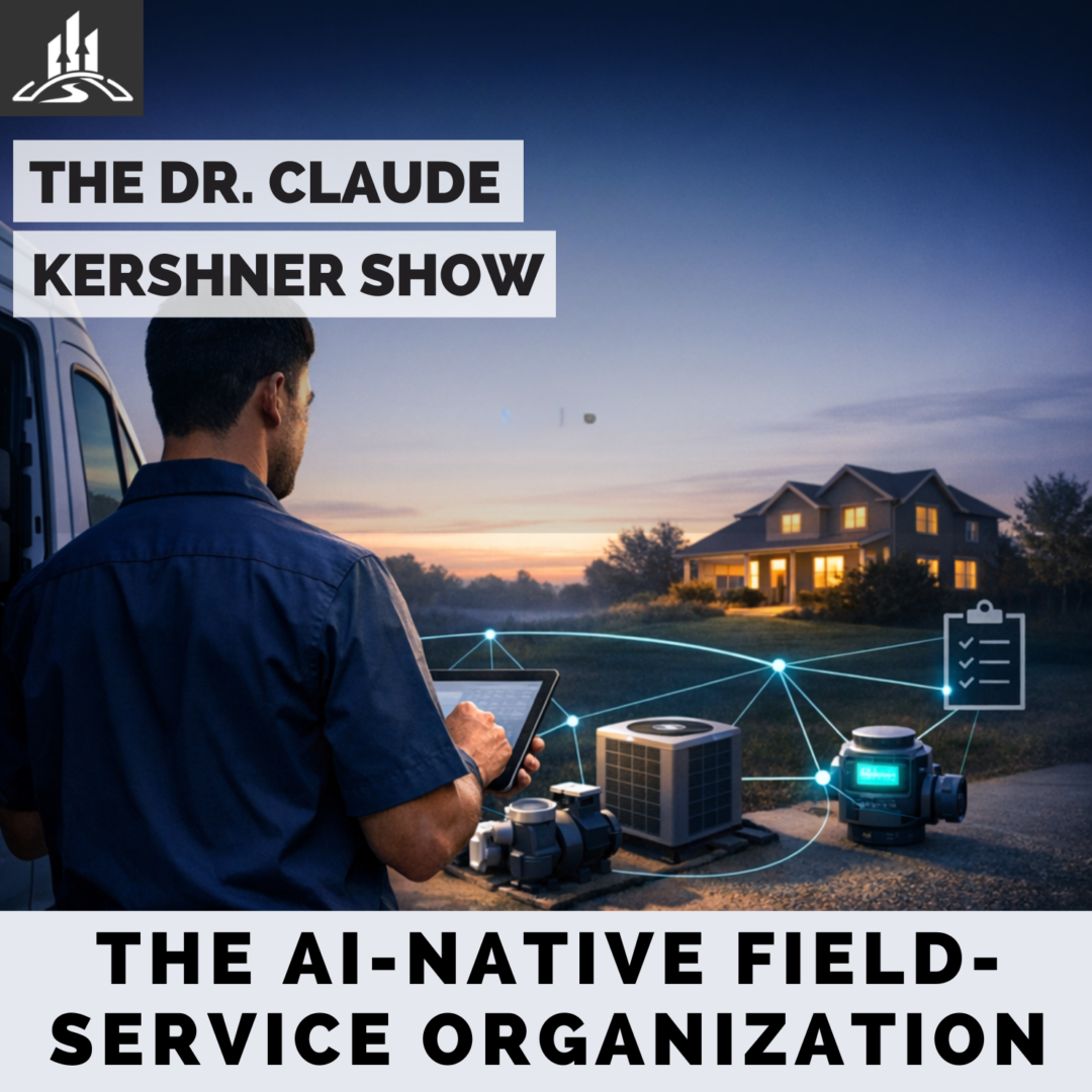 Illustrated cover for The Dr. Claude Kershner Show episode on AI-native field-service organizations.