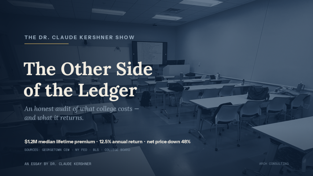 A darkened, empty college classroom beneath the title: The Other Side of the Ledger — an honest audit of what college costs and what it returns.