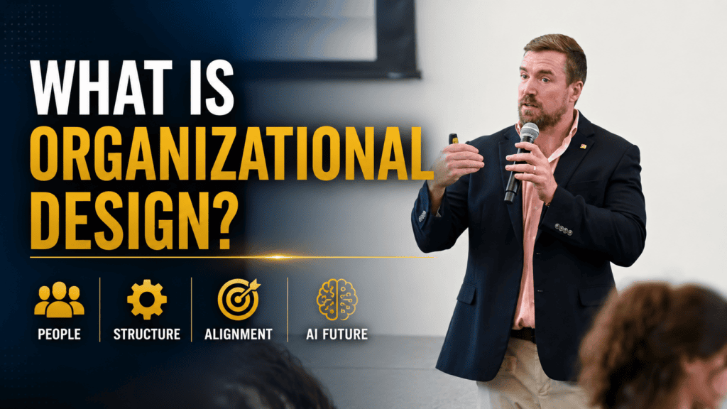 Dr. Claude Kershner speaking beside the title What Is Organizational Design?