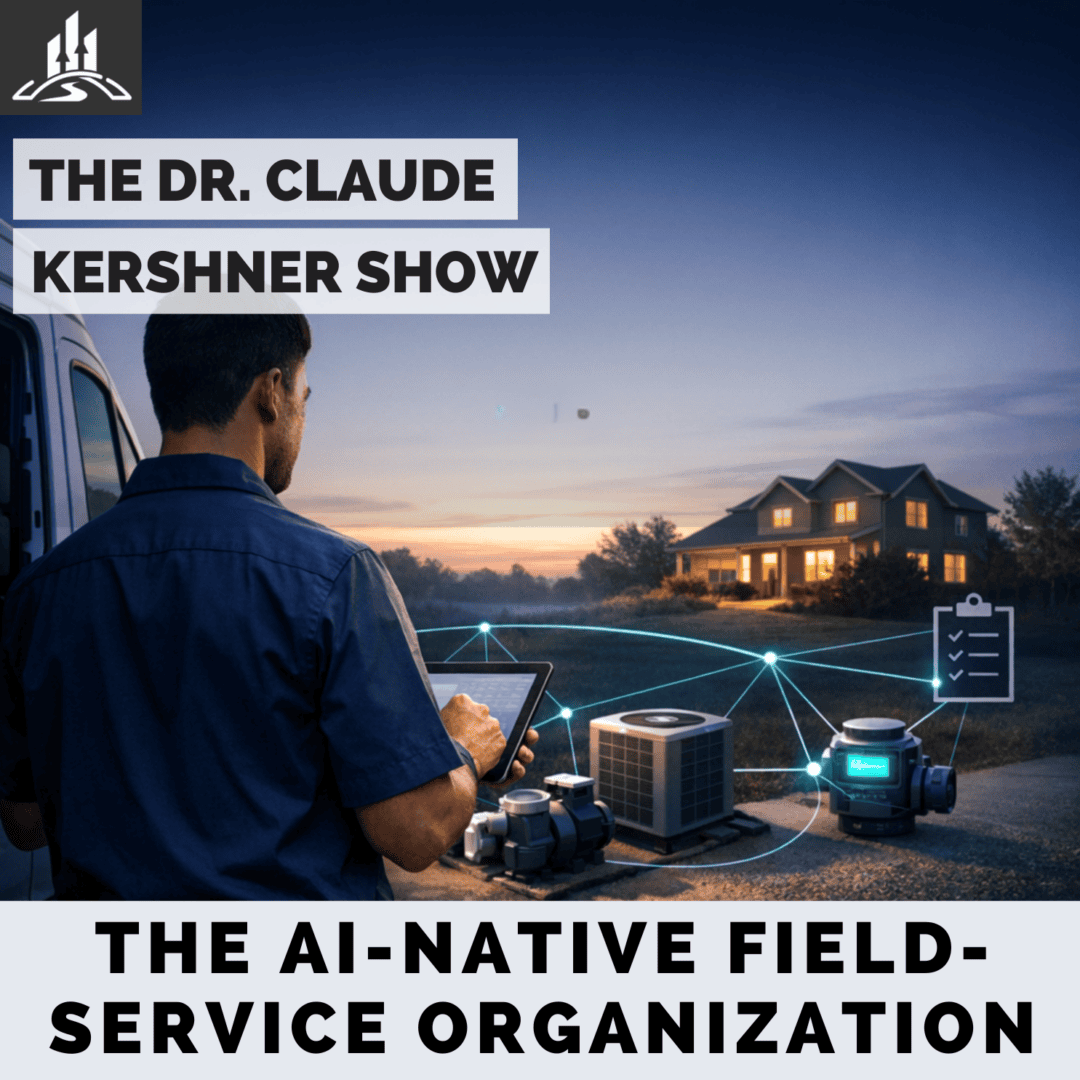 Illustrated cover for The Dr. Claude Kershner Show episode on AI-native field-service organizations.