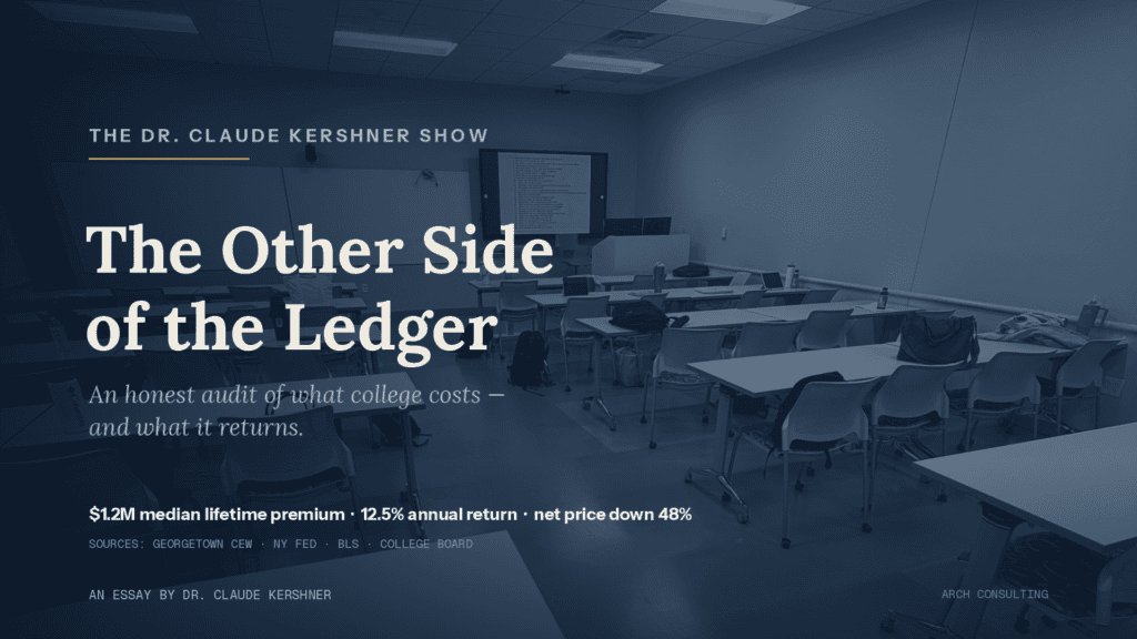 A darkened, empty college classroom beneath the title: The Other Side of the Ledger — an honest audit of what college costs and what it returns.